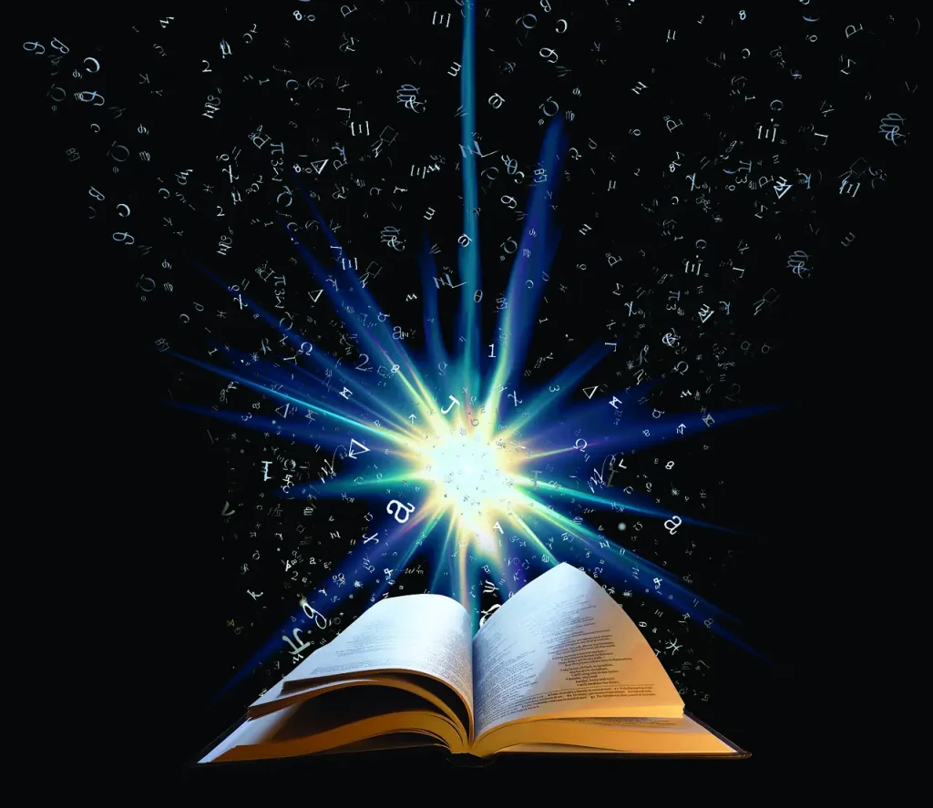 Explorez cette vision cosmique : dans l'espace, une lumière puissante plane au-dessus d'un livre, le Livre de la Vie. Cette représentation visuelle évoque la grandeur de l'existence et l'importance des chapitres que nous écrivons. Plongez dans la symbolique de cette lumière céleste guidant notre parcours à travers les pages de notre propre histoire.