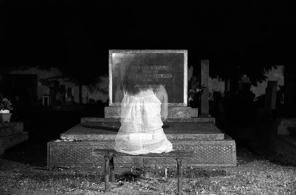 Explorez cette image unique : un spectre assis sur un banc, contemplant sa propre tombe. Nos défunts sont présents parmi nous, envoyant des signes à travers des synchronicités, des ressentis ou même des objets significatifs. Ces signes agissent comme des lueurs d'espoir, apportant réconfort et consolation face à la perte que le deuil engendre.