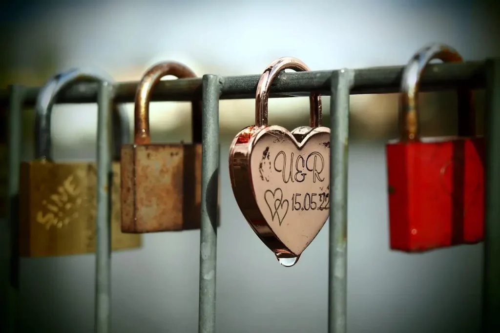 Cette image évoque la symbolique de la dépendance dans les relations amoureuses. Les cadenas fermés sur une barrière représentent les obstacles et les restrictions que la dépendance peut créer dans une relation. Chacun de ces cadenas symbolise une forme de dépendance émotionnelle, que ce soit la dépendance à l'autre, la peur de l'abandon, ou la difficulté à s'affirmer individuellement. La barrière elle-même représente la séparation et l'isolement que ces schémas de dépendance peuvent engendrer, empêchant ainsi une connexion authentique et épanouissante entre les partenaires.