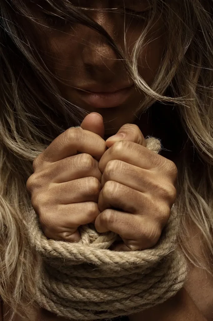 Dans cette image, une femme est représentée avec les mains liées, symbolisant les entraves et les limitations imposées par le schéma d'exclusion. Cependant, malgré cette contrainte apparente, son regard dégage une détermination résolue, reflétant sa volonté de surmonter ces obstacles et de retrouver sa liberté émotionnelle.
