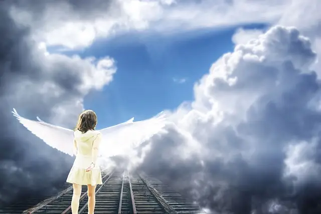 Dans cette image envoûtante, un ange élégant progresse avec grâce le long de rails mystérieux, s'élevant au-dessus des nuages. Son aura radieuse et son mouvement assuré suggèrent une âme en quête d'un nouveau voyage, traversant les frontières entre notre monde et l'au-delà. Une illustration poétique de l'éternel voyage spirituel vers des horizons inconnus et remplis de promesses.