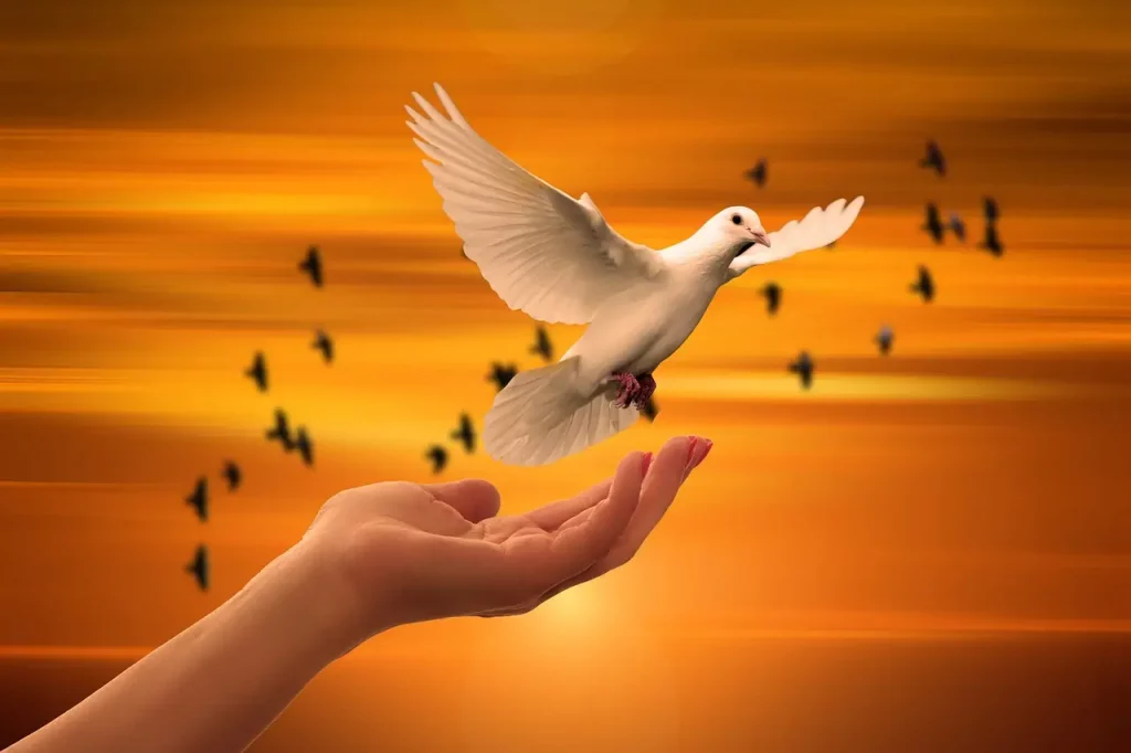 Dans cette image captivante liée à la modification du schéma d’assujettissement, une main libère une colombe, symbole de la liberté retrouvée lorsque le schéma d’assujettissement est surmonté. D’autres oiseaux volent autour, représentant les possibilités infinies qui s’ouvrent lorsque vous prenez le contrôle de votre vie et de vos relations.
