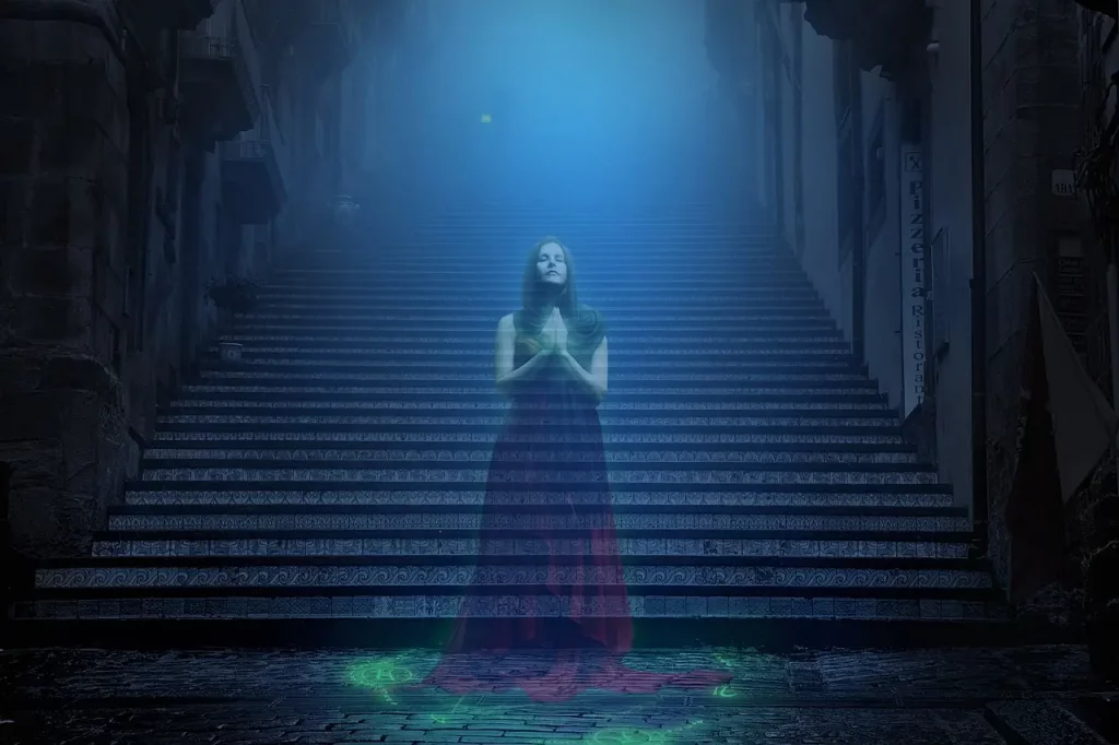 Dans un tableau urbain nocturne, un escalier s'élève majestueusement vers une lumière céleste, brisant l'obscurité de la rue environnante. Au sommet de l'escalier, une figure féminine, presque éthérée, se tient en prière, son essence semblant fusionner avec le voile entre les mondes. Son apparition spectrale évoque une profonde réflexion sur la transcendance, symbolisant peut-être le lien entre le terrestre et le divin, où la prière devient un pont entre les deux réalités.