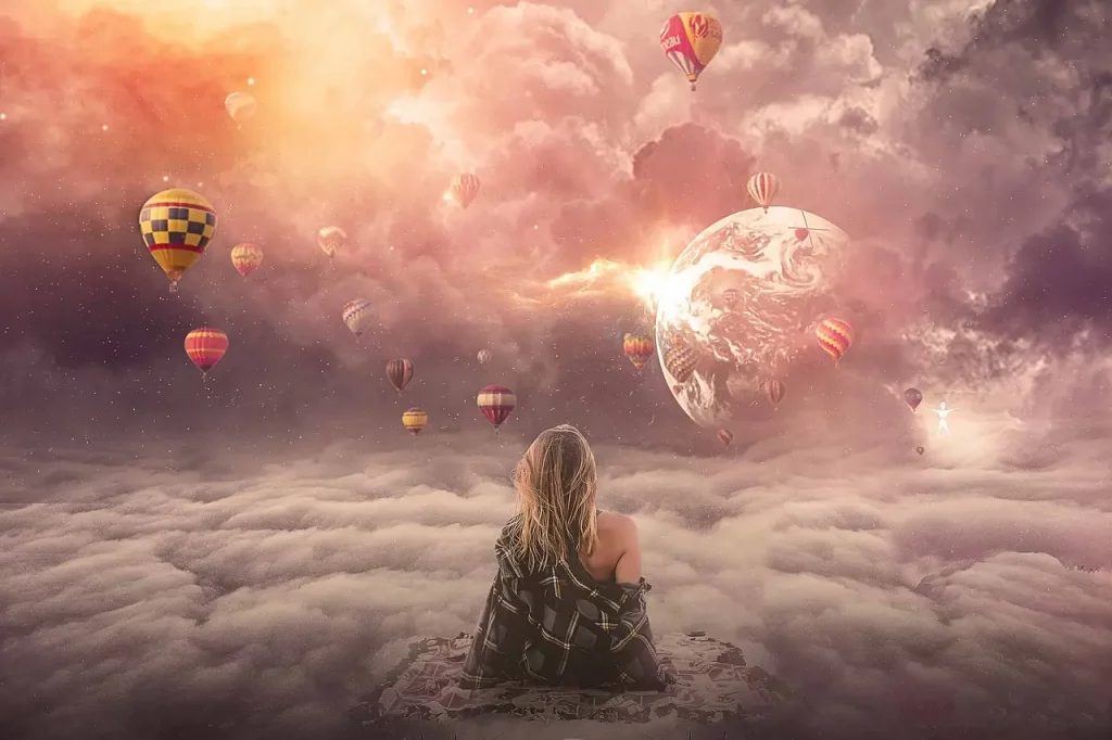 Plongez dans l'extraordinaire avec cette image captivante : une femme vue de dos, contemplant la Terre tandis que des montgolfières flottent au-dessus des nuages. Une représentation fantastique de l'ascension des âmes vers les cieux, cette scène évoque la transcendance et la quête spirituelle vers des horizons célestes. Chaque montgolfière symbolise le voyage unique de l'âme, s'élevant au-dessus des nuages de l'existence terrestre. Une invitation à explorer les mystères de l'élévation spirituelle et à embrasser la beauté de l'inconnu.