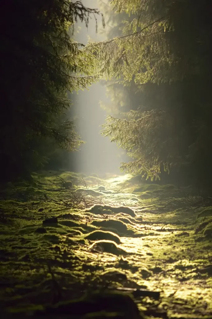 Dans cette image envoûtante, une forêt dense s'étend à perte de vue, remplissant l'air d'une aura mystique. Un sentier étroit, bordé de pierres naturelles, serpente à travers les arbres majestueux. Une raie de lumière dorée perce à travers le feuillage dense, illuminant le chemin d'une lueur magique. Cette scène captivante évoque un sentiment de calme et d'émerveillement, invitant à une promenade contemplative au cœur de la nature.