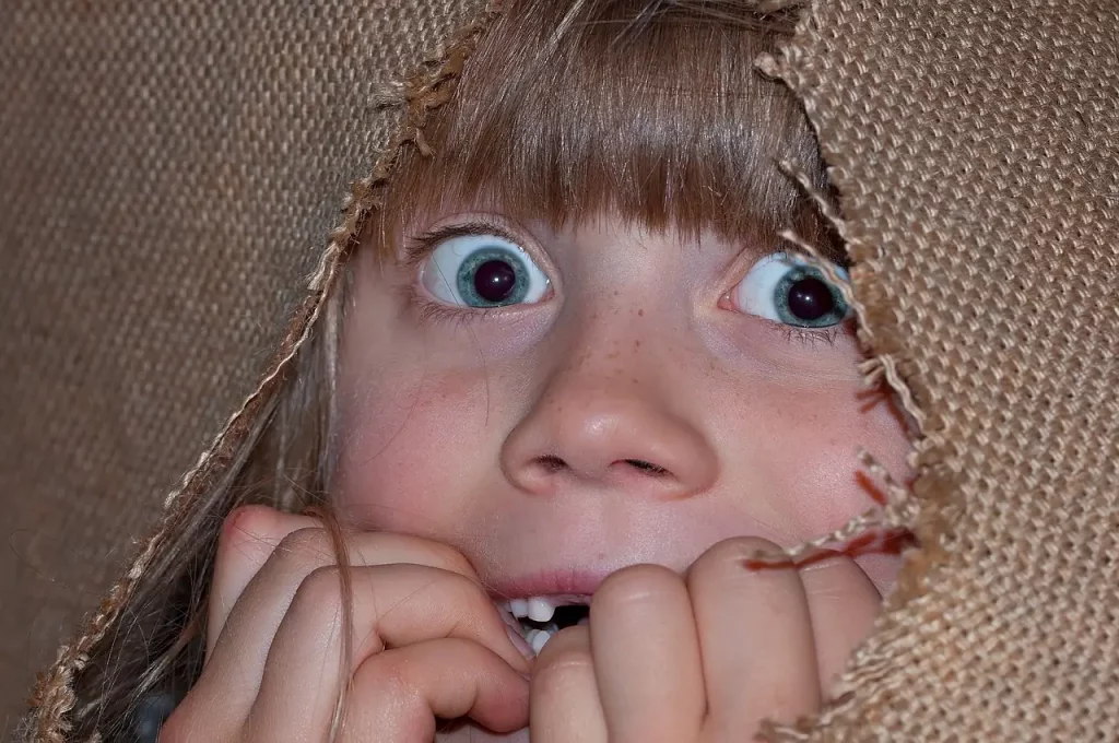 Dans cette image saisissante, une petite fille se cache derrière une toile de jute, son visage partiellement visible à travers un trou. Ses yeux sont écarquillés d'effroi, et elle porte ses doigts à sa bouche comme pour se rassurer. L'expression de terreur sur son visage témoigne de l'intensité de la peur qu'elle ressent. Cette photo nous rappelle la puissance de l'émotion de la peur, une réaction instinctive face à une situation perçue comme menaçante ou dangereuse. En comprenant les origines et les expériences de la peur, nous pouvons mieux appréhender cette émotion fondamentale et apprendre à y faire face avec courage et résilience.