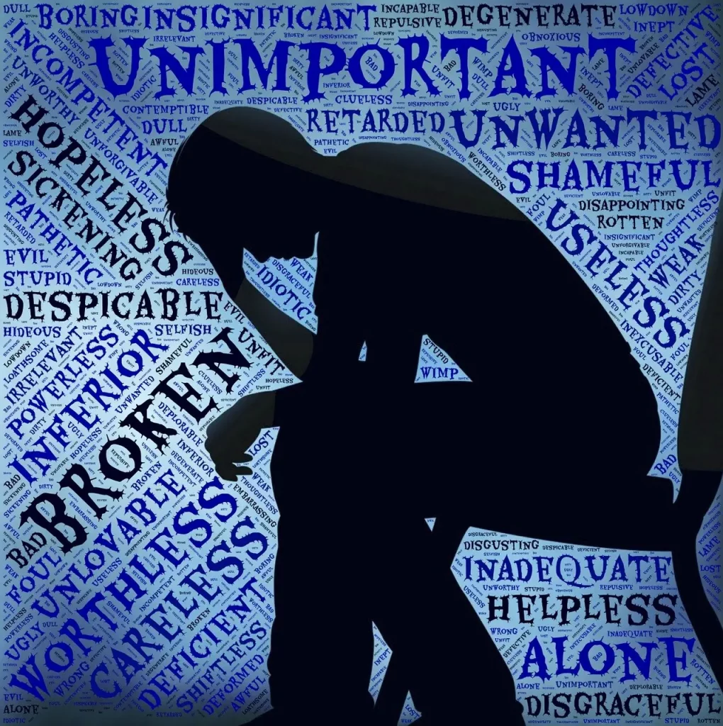 Dans cette image poignante, un homme est assis, la tête entre les mains, affichant une expression de profonde désolation. Autour de lui flottent des mots chargés d'émotion : "seul", "non important", "honte", "cassé". Ces mots évoquent les pensées négatives et les sentiments d'isolement et d'auto-dépréciation qui peuvent peser lourdement sur quelqu'un en proie à la détresse émotionnelle. Une représentation visuelle de la lutte intérieure contre les doutes et les peurs qui peuvent entraver notre bien-être mental.